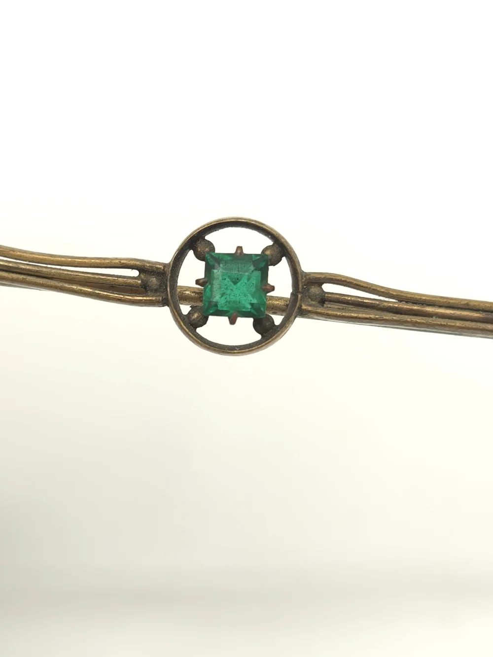 Antique Bar Brooch Gold Tone Green Stone Faux Pearl Edwardian Art Deco 2-7/8
